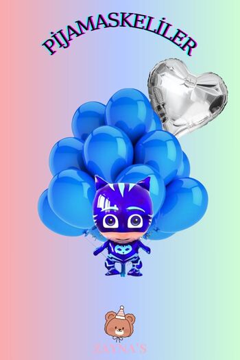 Zayna's Pijamaskeliler Themed Cat Child Printed Character Foil Balloon Set with Hearts