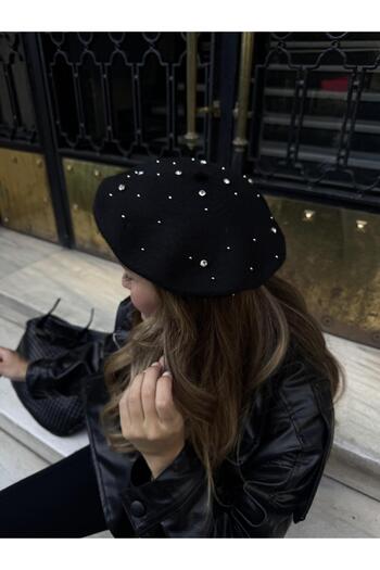 Tina İstanbul Stone Embroidered Painter's Hat Wool Felt Black