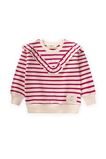 LC Waikiki Ruffle Detailed Striped Knitwear Girls Sweatshirt 1-8 Years Fuchsia
