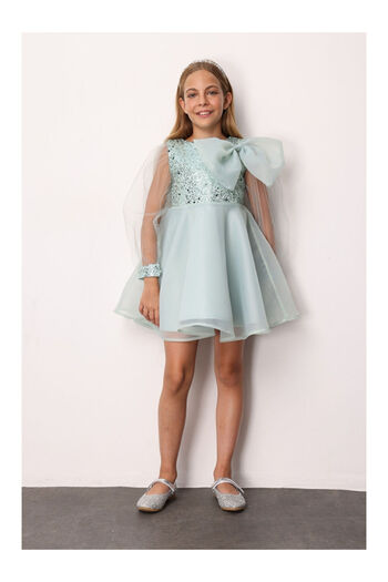 LC Waikiki Mint Bow Detailed Sequin Girls' Dress - Wendy