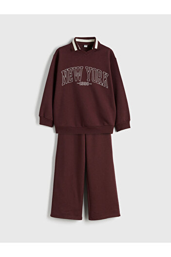LC Waikiki Polo Neck New York Printed Girls' Sweatshirt and Sweatpants
