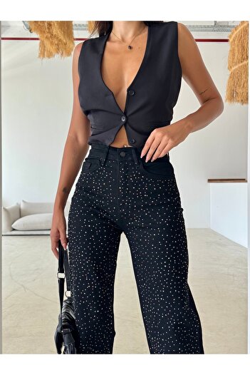LOS FECHKA Women's Black Color Stone Detailed Palazzo Trousers