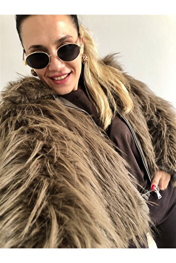 Gözde Tasarım Butik Women's Brown Long Fur-Like Zippered Jacket with Collar Fluffy Faux Fur Coat