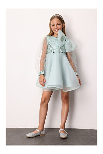 LC Waikiki Mint Bow Detailed Sequin Girls' Dress - Wendy