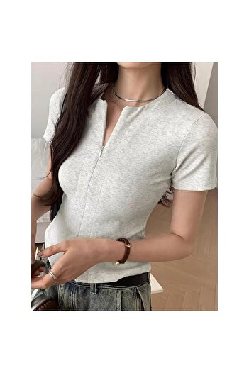 Korean style double zipper design short sleeve cardigan T-shirt slip top