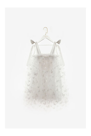 LC Waikiki White Off-The-Shoulder Butterfly Applique Girls' Dress - Nikki
