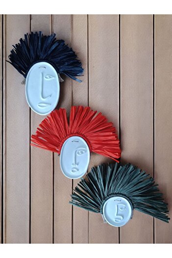 Momiko Abstract Face 3-Piece Colored Concrete Wall Ornament, Colored Natural Raffia, Rainbow