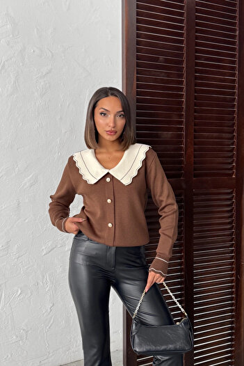 Lusin Women's Brown Stylish Collar Detailed Buttoned Cardigan (New Color)