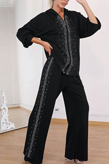 AYASOFYA OTANTIK Women's Black Blouse with Sprinkled Stone Detail, Hooded Zipper Closure, and Elastic Waist Pants Set