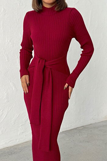 Lusin Women's Burgundy Stylish Tie Detail Midi Knit Dress