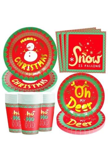 OEM Set 96 pieces for Christmas Party, including 24 cups, small plates, large plates and napkins, Merry