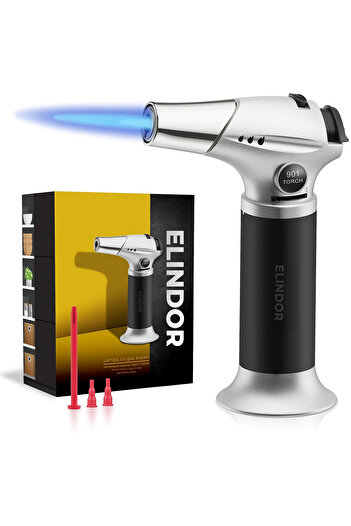 Elindor ® Professional Butane Torch, Rechargeable, Adjustable Flame 1370°C, Cocktail, Black