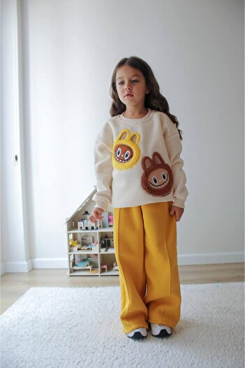 ARBİ kids Girl's Three-Thread Ribbed Labubu Yellow Loose Pants Winter Quality Mold Suit