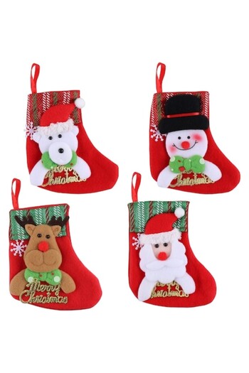OEM Set 4 Christmas Stockings, 3D Santa Claus, Bear, Reindeer, Snowman, Felt, 16 cm, Red