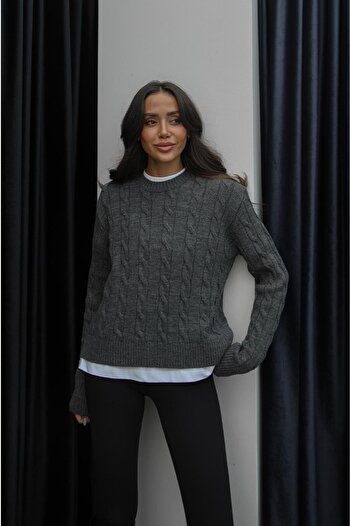 Havoş Anthracite Hair Braided Knitwear Sweater