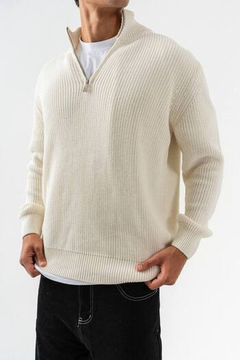MENOFOURSWEAR Oversize Half Zipper Stand Collar Thessaloniki Knit Men's Knitwear Sweater Beige