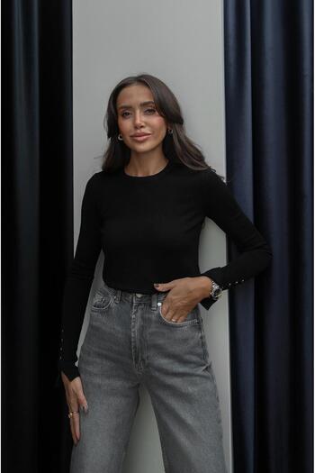 Havoş Black Mid-Sleeve Drop Shoulder Sweater