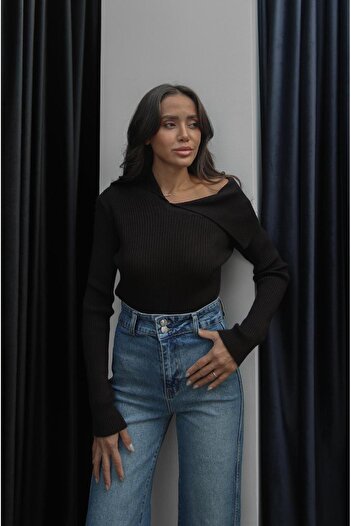 Havoş Bitter Brown Asymmetric Collar Wool Blend Sweater