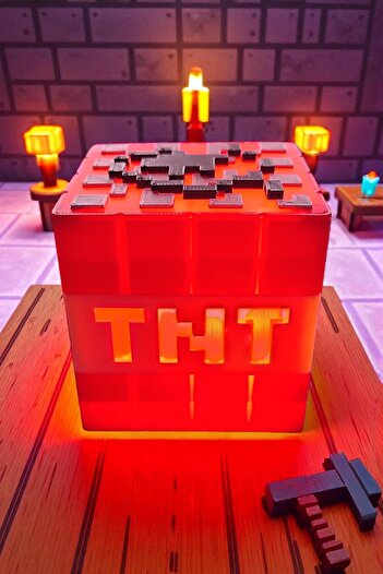 Vaiflagy Store Minepixel TNT Pilli Mum Işıklı (Tealight) Dekoratif Gamer Masa Lambası Süs