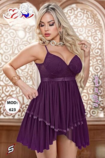 TREN Women's Short Babydoll Dress Lace Cup Detail Adjustable Straps Tiered Ruffled Hem Sleepwear