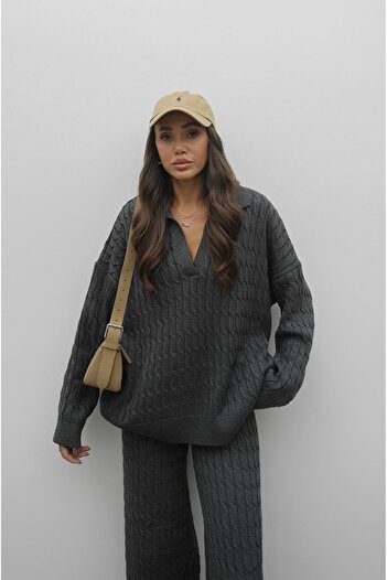 Havoş Gray V-Neck Hair Knitwear Set