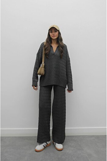 Havoş Gray V-Neck Hair Knitwear Set