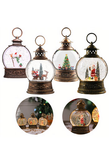 JML 12x9cm Lantern Snow Globes with Glitter Christmas Figures and LED Light
