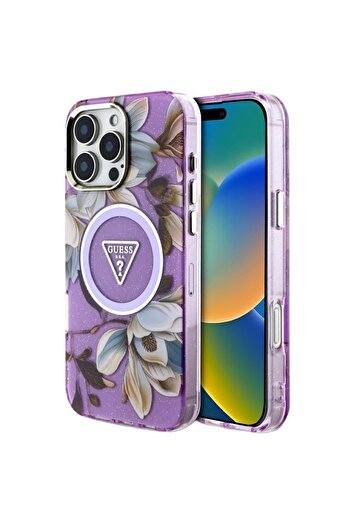 Guess Case Glitter Flowers Triangle Buttons MagSafe iPhone 16 Pro Mov