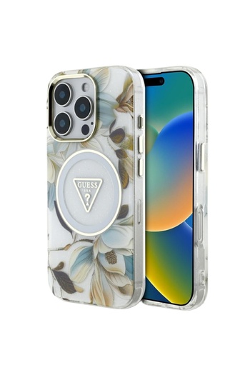 Guess Glitter Flowers Triangle Buttons MagSafe iPhone 16 Pro Max Case White