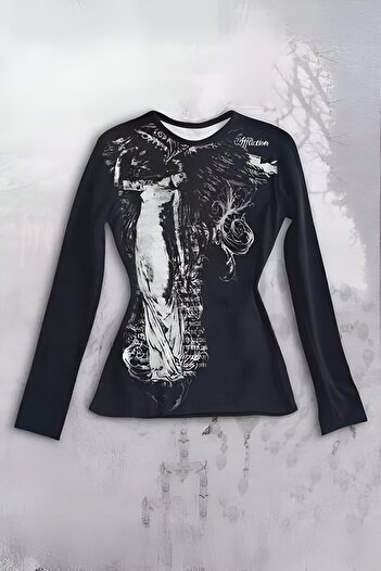 Karakedi Vintage Angel Affiction Y2K Long Sleeve Crop Bodysuit