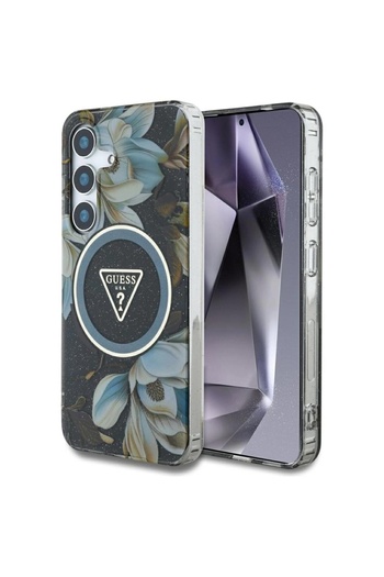 Guess Glitter Flowers Triangle Buttons MagSafe Samsung Galaxy S25 Case Black