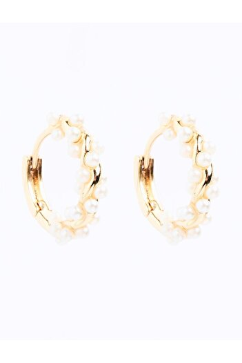 Jimmy Key Gold Color Pearl Detailed Shiny Hoop Earrings