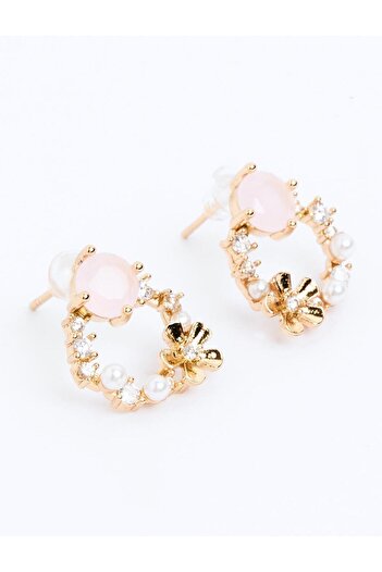 Jimmy Key Gold Color Shiny Stone Flower Figured Pearl Earrings