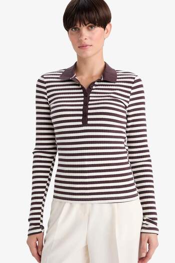 DeFacto Slim Fit Slim-Fitting Polo Neck Striped Ribbed Camisole Long Sleeve T-Shirt F7808Ax25Au