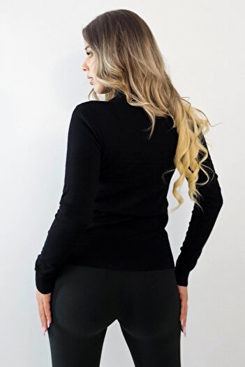 FashionForYou Thick crew neck sweater, Rona, with long sleeves and trendy accessory, Black, Size S/M