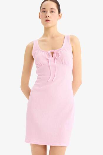 DeFacto Coool Bodycon Body-Hugging U-Neck Ruched Strap Mini Dress D9210Ax25Sm