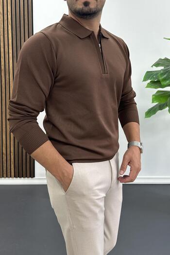 Edwox Men's Half Zipper Plain Pattern Polo Neck Sweater Brown Edw424