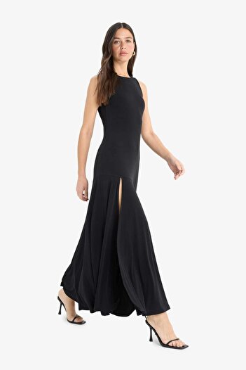 DeFacto Crew Neck Slit Sleeveless Maxi Black Summer Dress F6042Ax25Sm