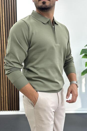 Edwox Men's Half Zipper Plain Pattern Polo Neck Sweater Khaki Edw424
