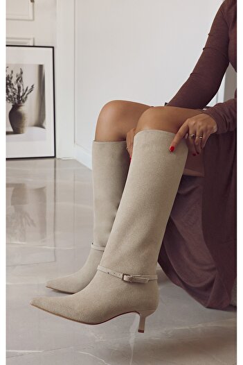 POLKA STORE Fall Kitten Heel Below-The-Knee Pointed Toe Piping Tape Detailed Matte Leather Women's Boots