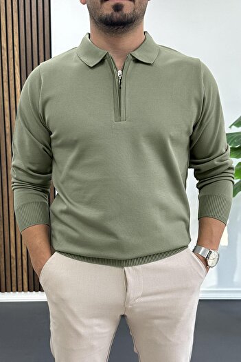 Edwox Men's Half Zipper Plain Pattern Polo Neck Sweater Khaki Edw424