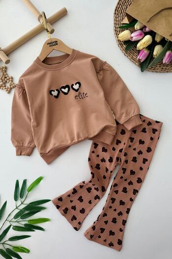 Minigimin Cicileri My Little One's Heart Detailed Girls' 2-Piece Set - Brown