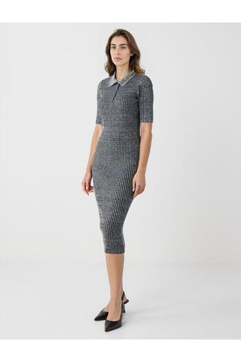 Jimmy Key Anthracite Melange Slim Fit Shirt Collar Elbow Sleeve Knitted Midi Dress
