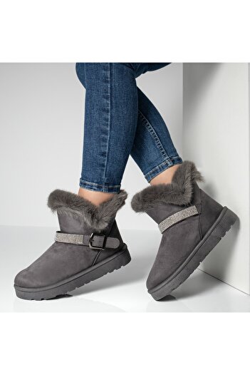 BMoD Women's grey suede short boots with fur and a buckle MOD10704