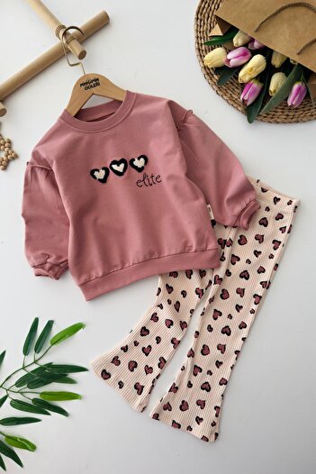 Minigimin Cicileri My Little One's Heart Detailed Girls' 2-Piece Set - Dusty Rose