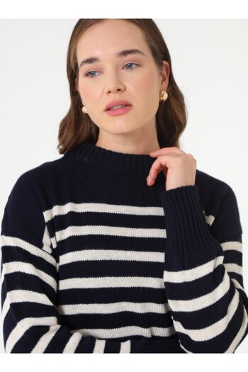 Refka Striped Short Knit Sweater - Navy Blue -