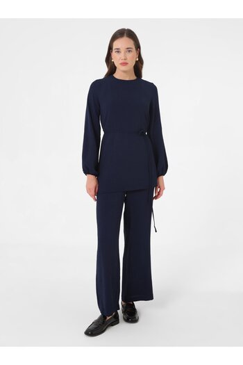 Refka Round Neck Elastic Sleeve Tunic Trousers Two-Piece Set - Navy Blue -