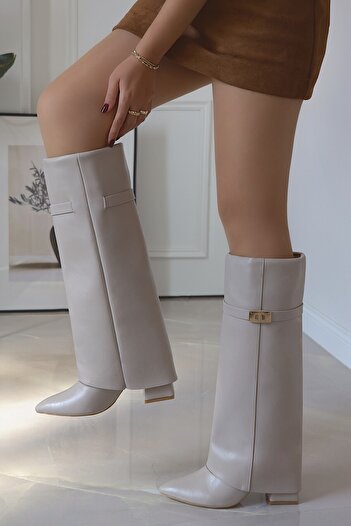 POLKA STORE Dust Tozluk Detailed Metal Buckle Heeled Below-Knee Pointed Toe Matte Leather Women's Boots