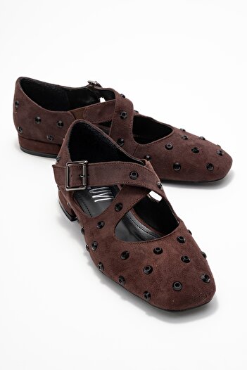 LuviShoes Addison Brown Suede Stone Cross Strap Women's Ballerina Shoes