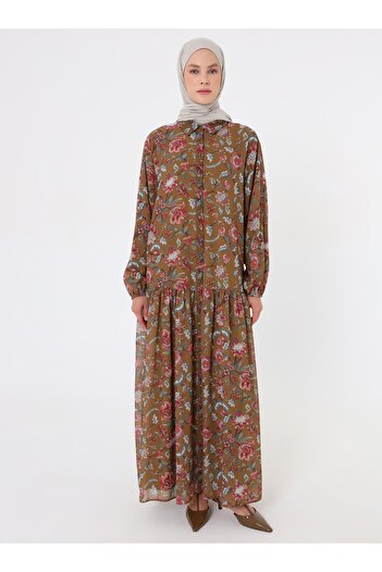 Refka Floral Pattern Shirt Collar Hijab Dress - Pink -